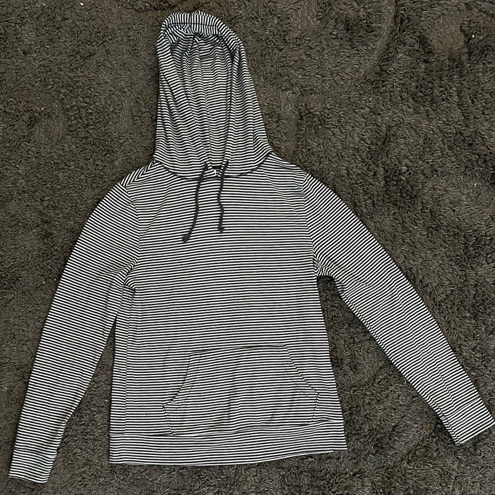 Old Navy White & Grey Striped Drawstring Hoodie w Pocket Size Small